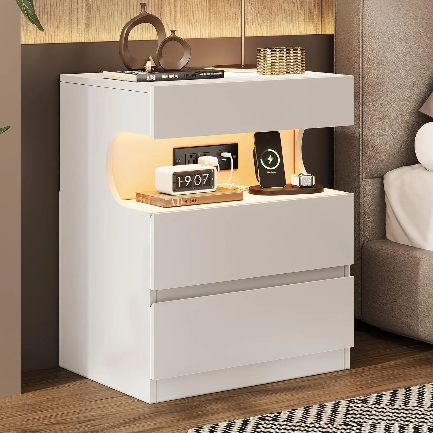 Garvee Modern Rectangular White Nightstand with App-Controlled LED Light, Charging Station, 3 Drawers, USB Outlets, U-Shape Open Shelf for Bedroom