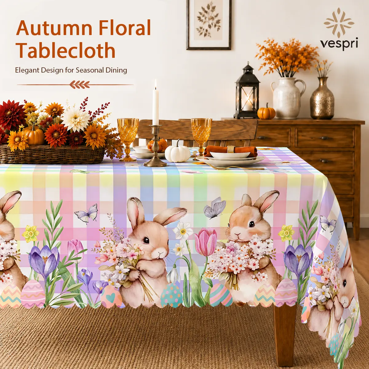 Easter Bunny Tablecloth with Bunnies, Easter Eggs, Spring Flowers and Butterflies, polyester for Spring Holiday Decor and Easter Parties, Machine Washable, Multi-Size, Table Protection, Clearance Sale