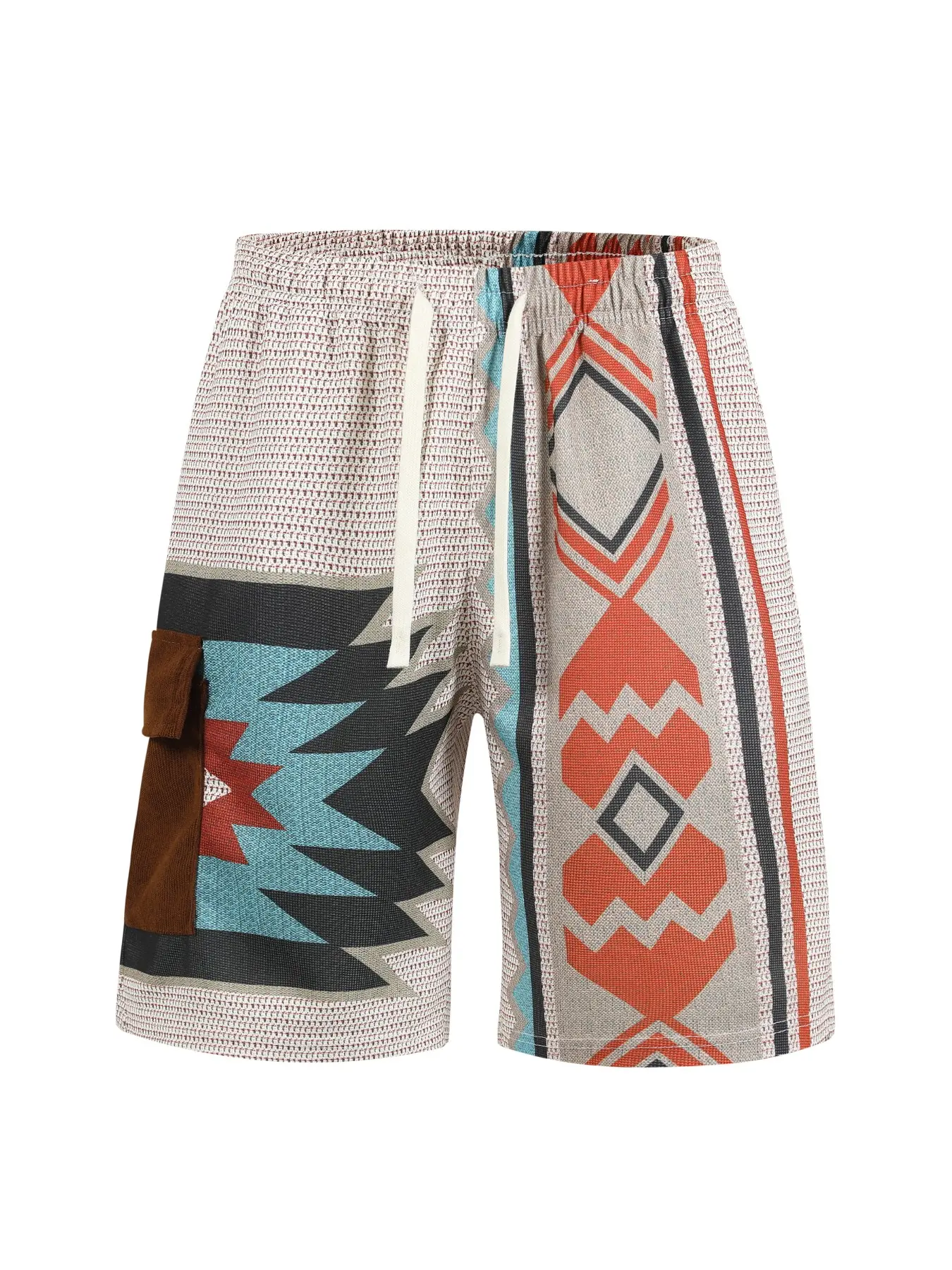 Men's Ethnic Boho Geometric Print Knit Cargo Shorts, Vintage Western Drawstring Waist, Loose-Fitting Casual Beach Walk Shorts