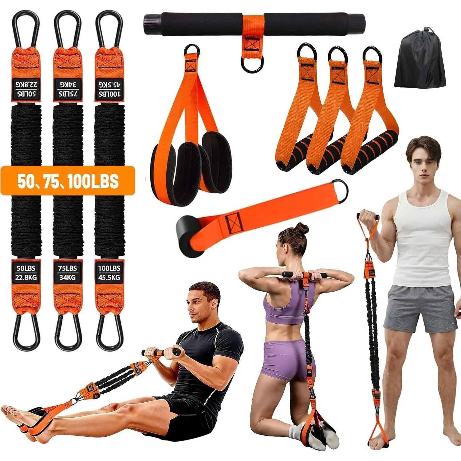 Upgraded Multifunction Pedal Resistance Band with Handle, Exercise Bands with 3 Tube Adjustable Resistance Bands, Pedal, Door Anchor and 3 Handles, for Full Body Training for Abs Arm Leg Waist Workout Strength Bands