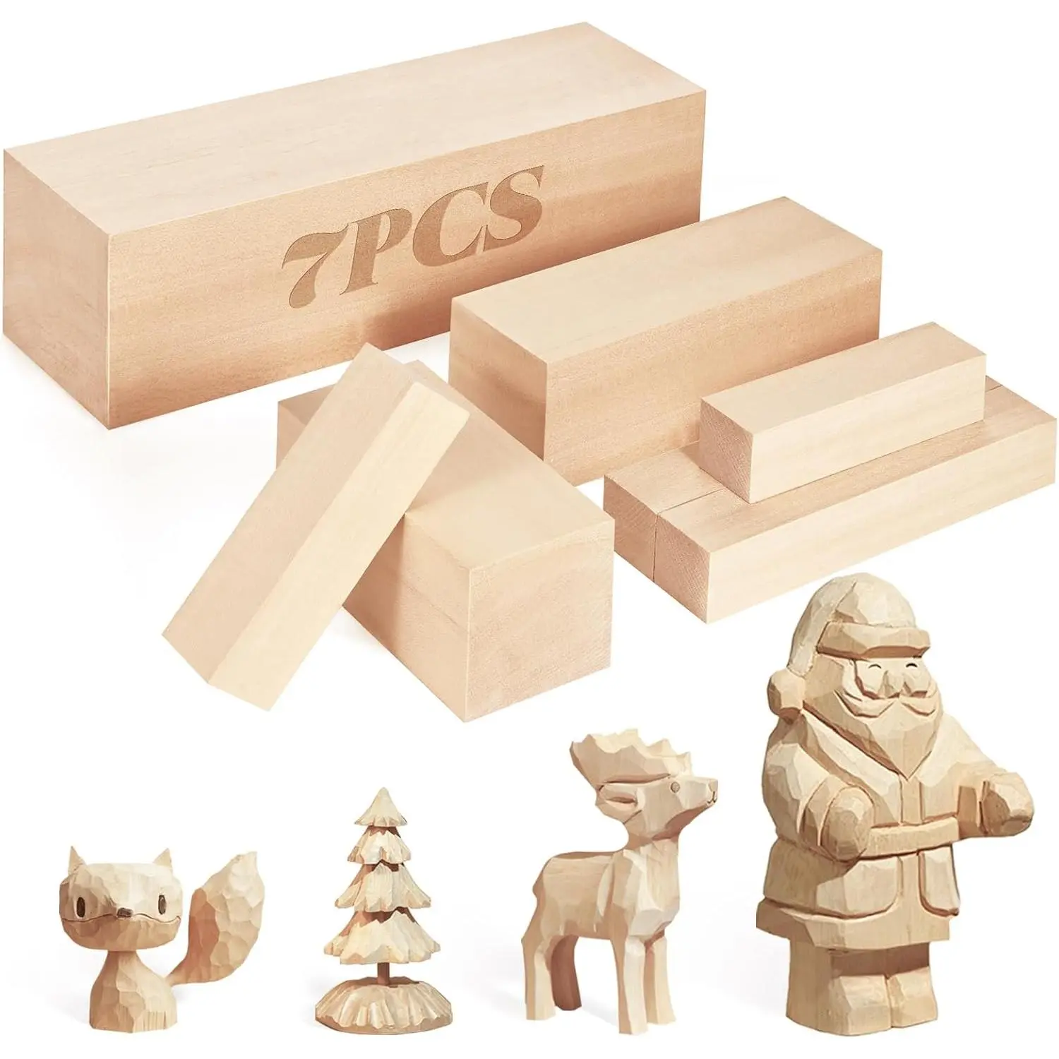 Basswood Carving Blocks, 7 count Whittling  Blocks with 5 Different Sizes, 2x4x1x1in, 2x6x1x1in, 1x4x2x2in, 1x2x2x6in, 1x3x3x10in, Carving  Blocks - Smooth Cut, No Cracks, Easy to