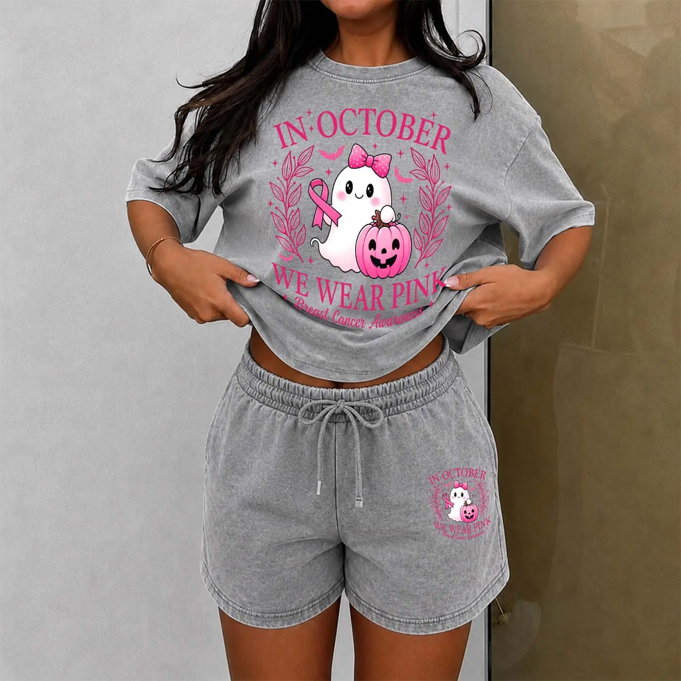 Women's Washed Cotton Shorts Two-Piece Set: A Uniquely Styled Halloween Ghost-Themed Party Outfit. Featuring "In October We Wear Pink Patterns, And Pumpkin Designs. Also Suitable As Casual Summer Loungewear.