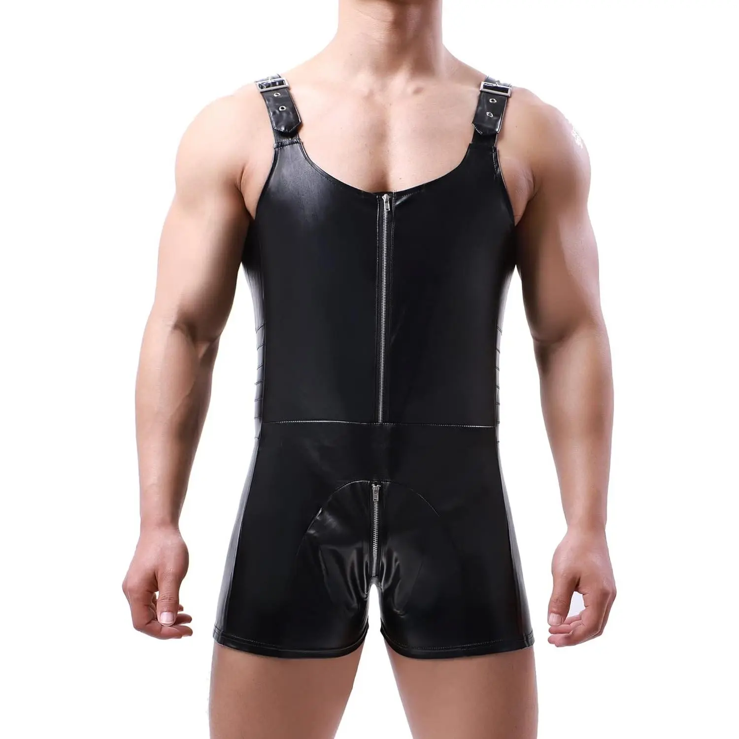 Mens Latex Bodysuit Full Body Leotard Long Sleeves Unitard Faux Leather Bodysuit for Men