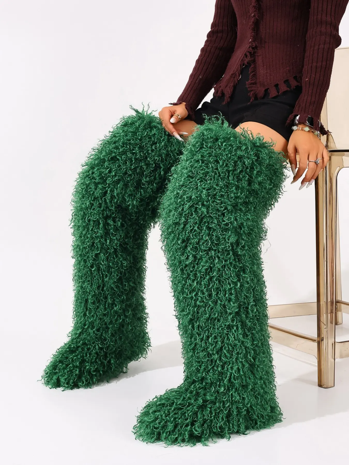 Women's New Plush Over-The-Knee Boots, Solid Color Fuzzy Tall Boots, Loose Teddy Fur Long Boots, Trendy Fall & Winter Fashion