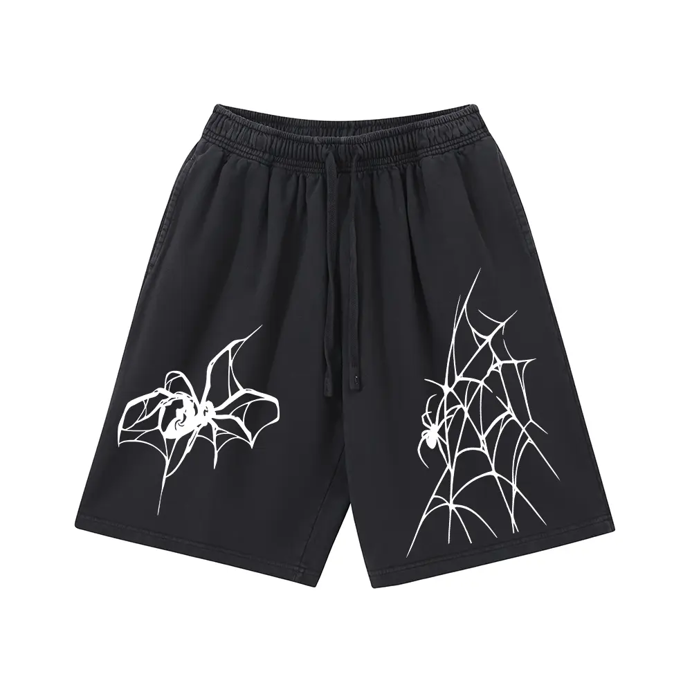 Unisex Spider Web Graphic Sweat Shorts Vintage Streetwear Drawstring Loose Five Points Shorts Summer Washed Casual Sports Shorts