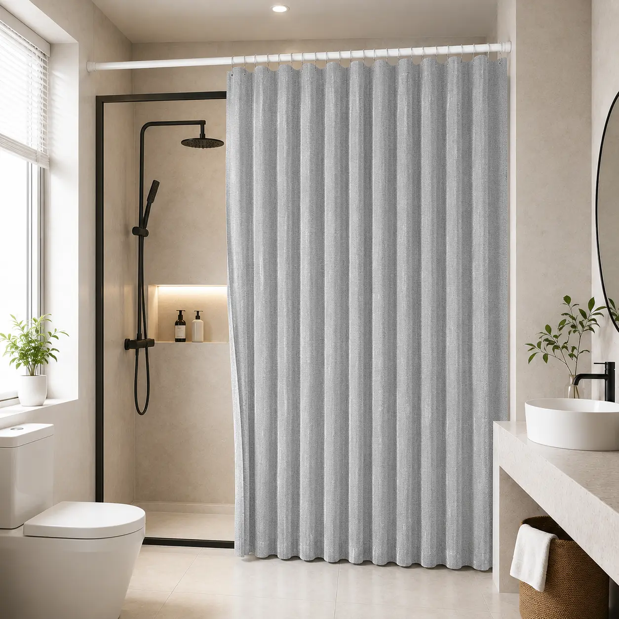Snooztex Magnetic Shower Curtain, Water-Repellent Fabric Privacy Panel for Bathroom & Walk-In Shower, Secure Closure, Easy Care