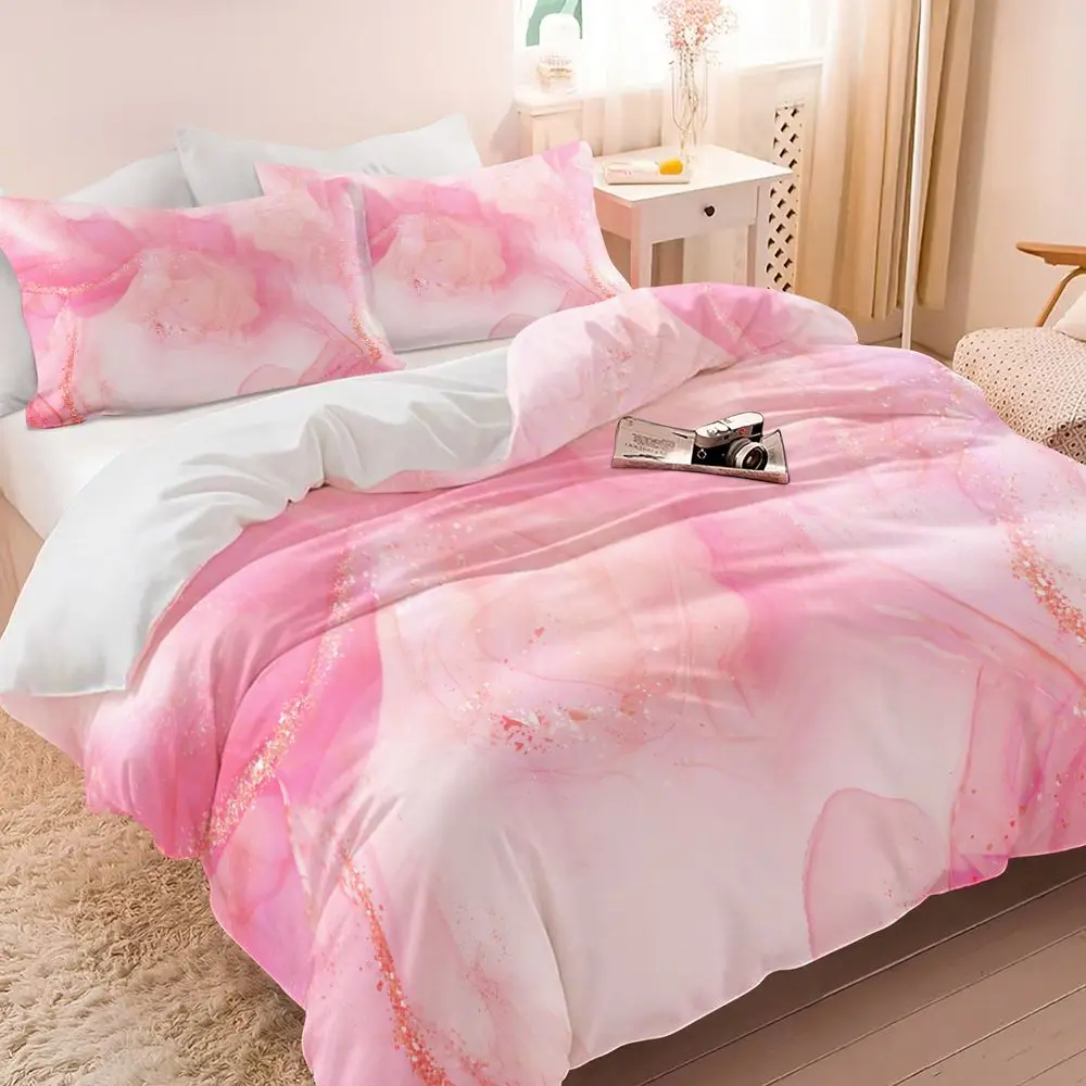 2/3Pcs Luxury Pink Marble Duvet Cover Set, Gold Glitter Aesthetic Bedding Set for Girls Room, Soft Microfiber Duvet Cover with Matching Pillowcase, Modern Decorative Bedroom Bedding Collection No Fillers