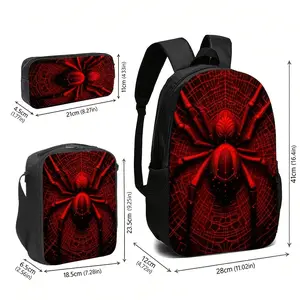 Red spider and spider web print backpack and accessory set, featuring high-definition digital printing technology, with saturated colors that are resistant to fading. It has a black adjustable shoulder strap design, a large-capacity practical structure, s