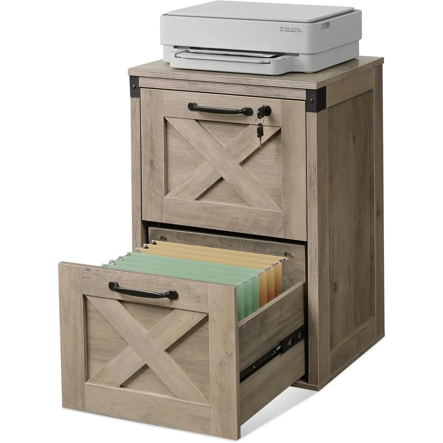 DEVAISE 2-Drawer Farmhouse Wooden File Cabinet & Organizer, Lockable Storage with A4/Letter Size Compatibility, Office Printer Stand & Executive Desk Furniture, Drawers