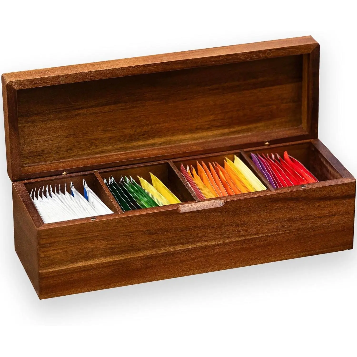 Acacia Wooden Tea Bag Organizers, Tea packet Storage Boxes, Tea Caddy for Tea Bags Chest, Teabag Holder Containers, Teabox Station Display, Organizador De Tes Caja Para Te, 4 Compartments