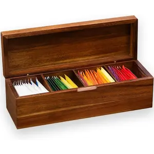 Acacia Wooden Tea Bag Organizers, Tea packet Storage Boxes, Tea Caddy for Tea Bags Chest, Teabag Holder Containers, Teabox Station Display, Organizador De Tes Caja Para Te, 4 Compartments