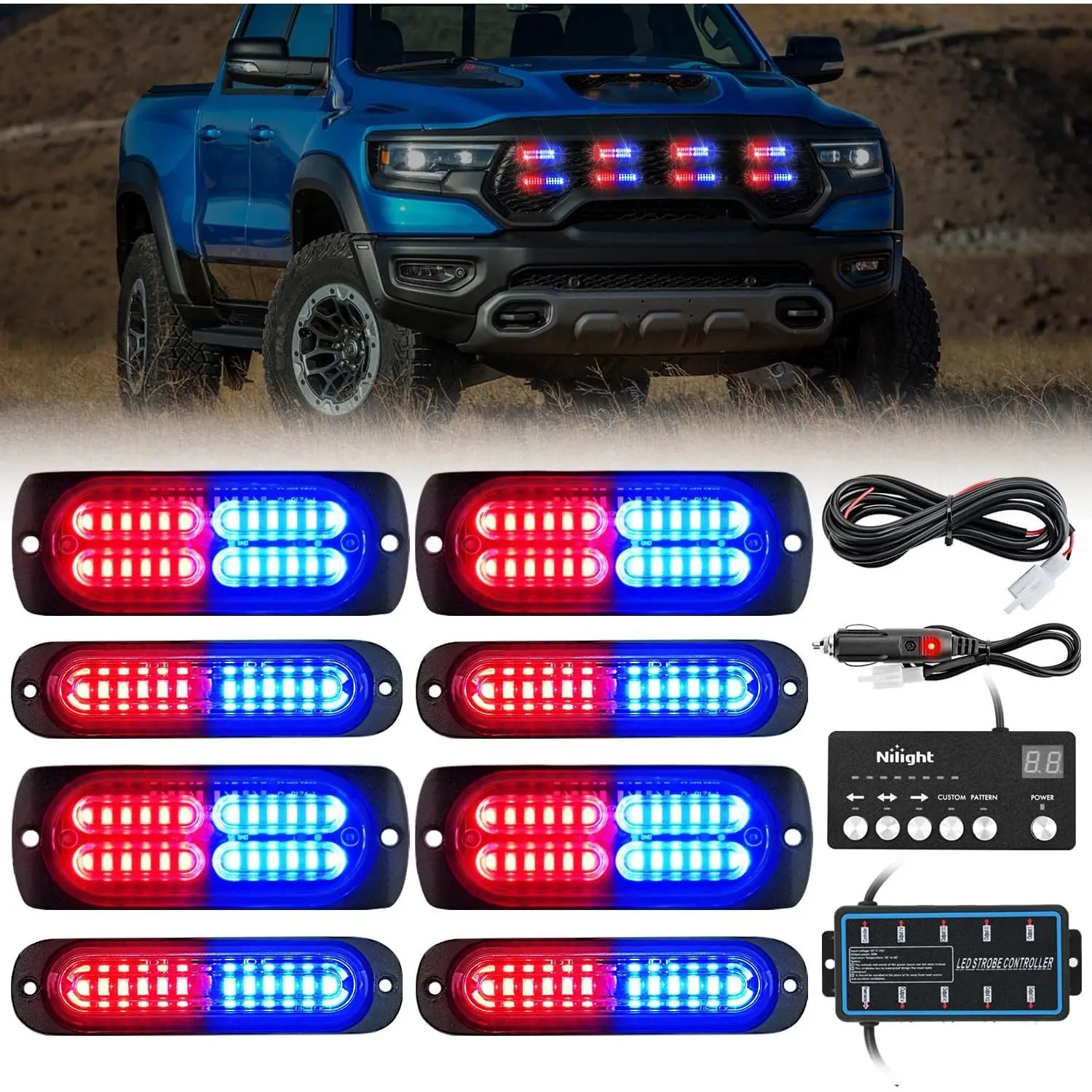Nilight 8 LED Lights Red & Blue LED Strobe Light Kit - 12V-24V Aluminum Sync Flashing Set with 18-Pattern Controller, Waterproof Ultra-Bright Lighting, Surface Mount Vehicle Exterior Campers