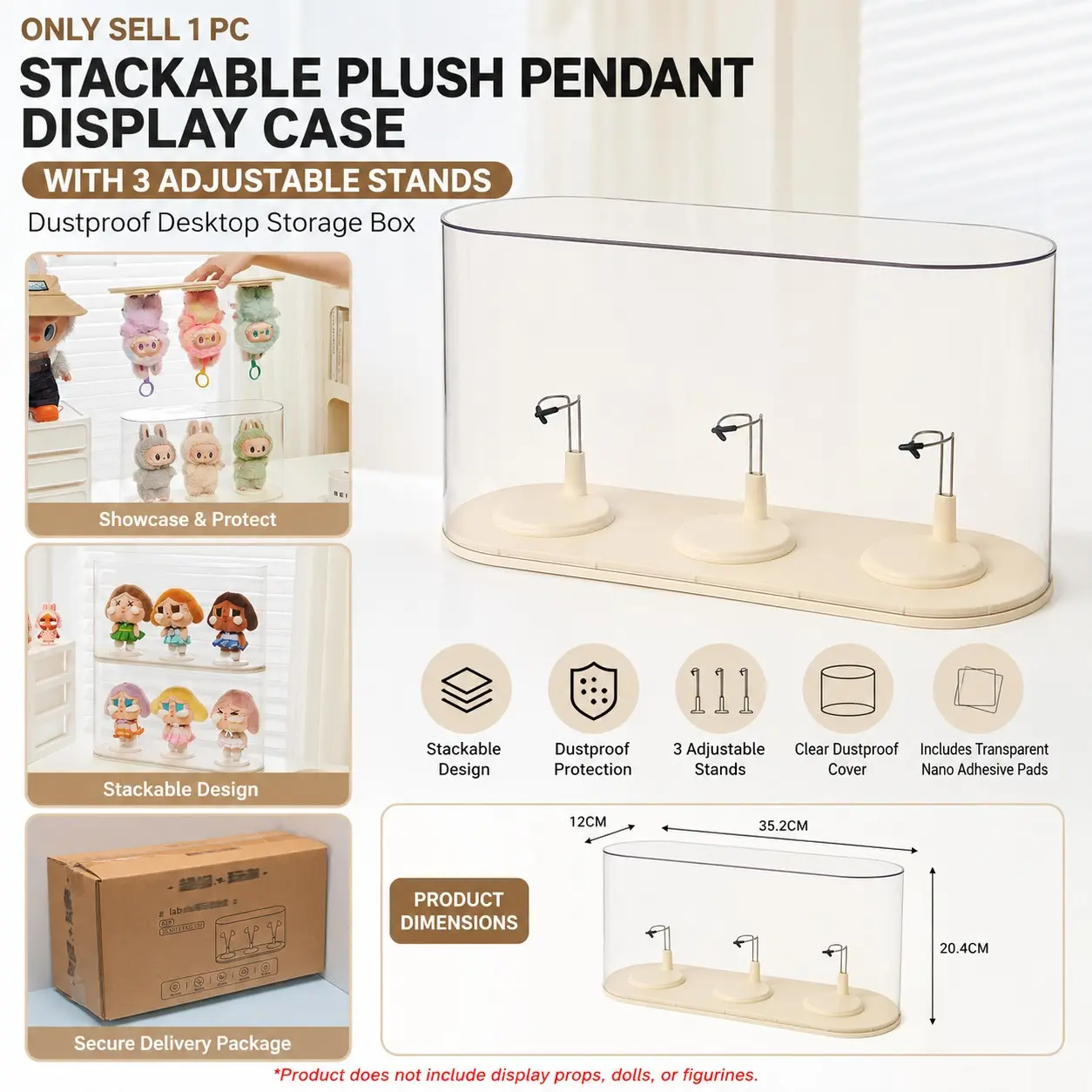 Trendy Plush Keychain Display Case with 3 Independent Stands, Stackable and Combinable, Suitable for Plush Keychains and Figurines like Labubu, Skullpanda, DIMOO, HIRONO, MOLLY