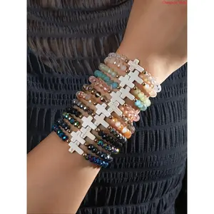 2026 12 Piece Fashion Vintage Colorful Artificial Crystal and Turquoise Beaded Cross Pendant Multi-Layer Stackable Bracelet Set, Unisex Bracelets, Stacking Bracelet, Dainty Crystal Bracelet, Stacked Design Bracelets
