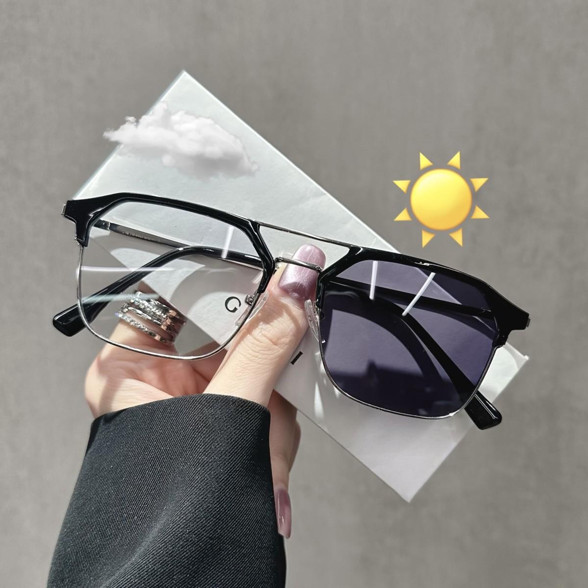 1 Pair of Y2K Style Unisex Square Frame Photochromic Glasses, Semi-rimless Light-sensitive Tinting Glasses, Men's Brow Frame, Multifunctional Casual Eyewear