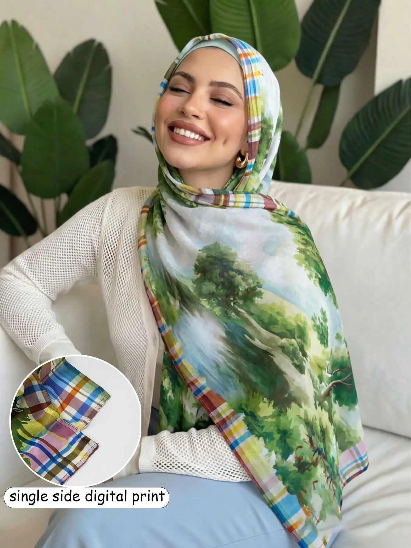 Painted Hijab, Geometric Print Design, Premium Chiffon Fabric, Breathable and Cool, Shimmer Effect, Ideal for Daily Wear