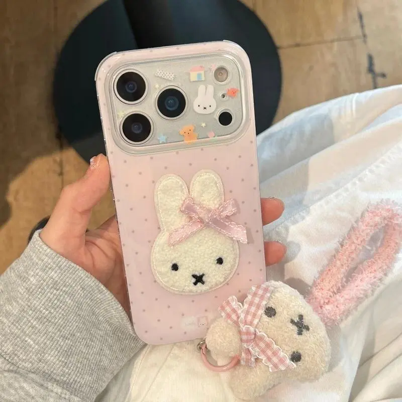 Kawaii Cute Cartoon fluffy Miffy Pink Polka Dots phone Case For iPhone 13 14 15 16 17 Pro Max Lovely Bow Miffy Furry Wrist Strap