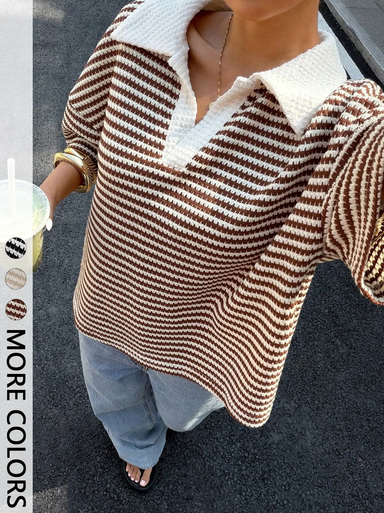 Women's Lapel Short Sleeve Striped Oversized Pullover T-Shirt, Textured Knit V-Neck Top, Essential Summer for Travel/street Style/photoshoots, Casual Knitting Top, Casual Knitwear