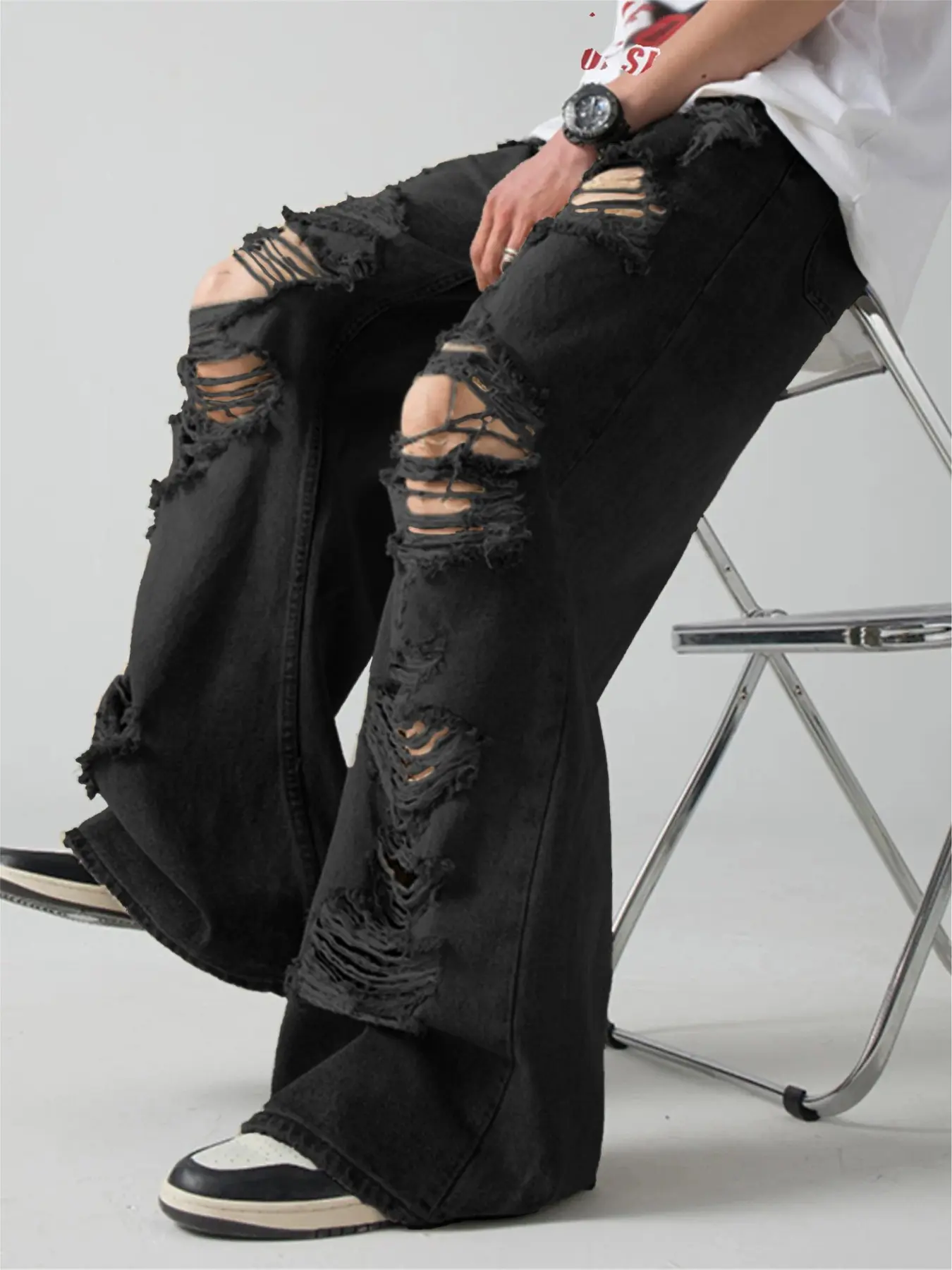 Men's Street Style Ripped Jeans, Streetwear Trendy Vintage Wide-Leg Loose Fit Denim Jeans, Comfortable Fabric, Multiple Sizes Available