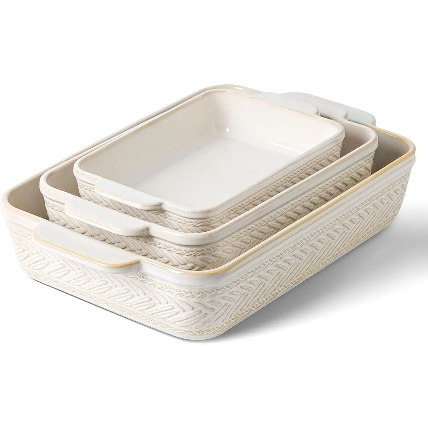 Casserole Dishes for Oven, Beige Ceramic Baking Dish Set of 3 | 9x13" Rectangular Lasagna Pans Casserole Dish Set for Baking, Cooking, Kitchen, Cake Dinner, Banquet (15.4''/12.3''/9.8'')