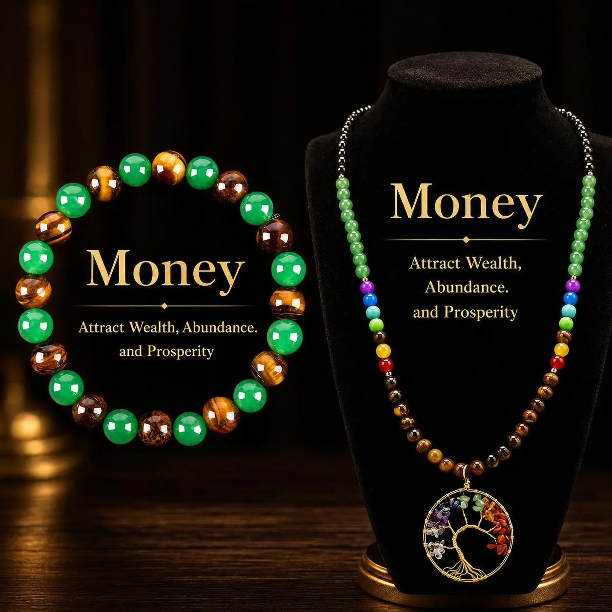 ARPURRAINA Unisex Tiger Eye & Obsidian 7-Chakra Beaded Jewelry Set - Healing Pendant Necklace, Metal Coating Money Attraction Bracelet for Protection & Abundance, 25g, 77.4g, 20cm, Daily Wear