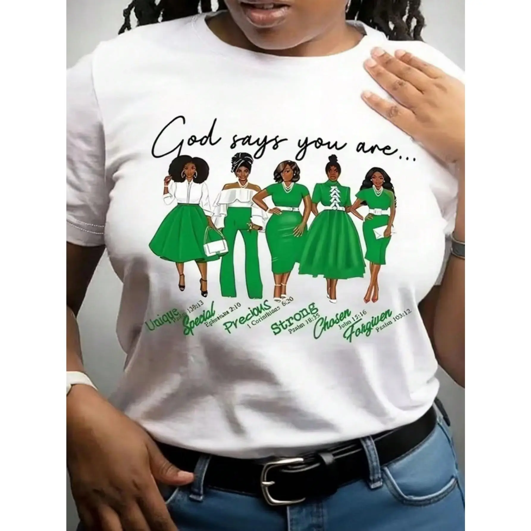 Women's 100% Cotton Faith Graphic T-shirt - Green Black, Short Sleeve Round Neck, Bible Verse Inspirational Words, Loose Soft Breathable Basic Top for Black Women Sisterhood Faith Gatherings, Church Sunday Worship Services, Casual, Faith-Based Coffee Meet