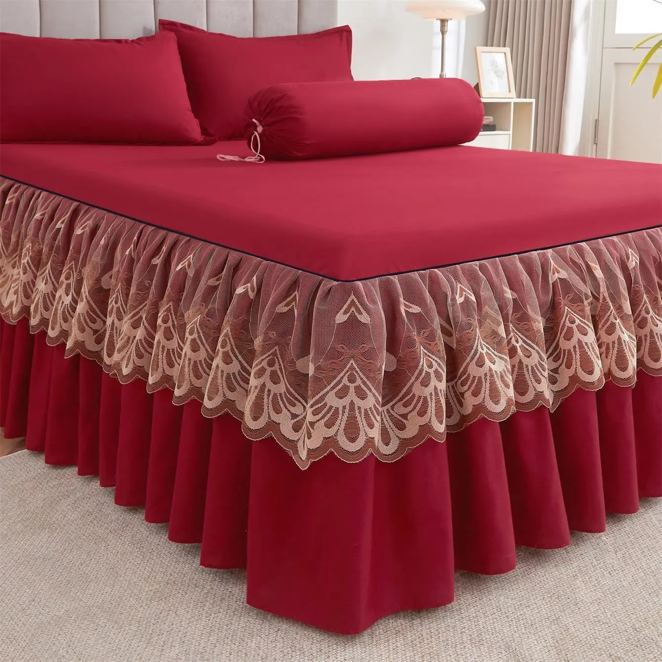 Modern Solid Color Ruffle Lace Detailing Bed Skirt Set, Elegant Soft Dustproof 3-Piece Ruffled Bedding Set for All-Season Bedroom Decor