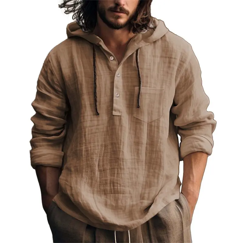 Men's Hooded Henley Long-Sleeve Sweatshirt - Menswear Pullover, Half-Button Placket, Drawstring Hood, Chest Pocket, Loose Textured Casual Top, Vintage Lazy Style, for Spring Autumn Daily Wear