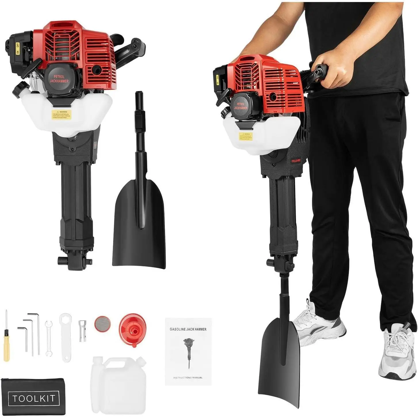 52CC Trencher Machine 2-Stroke Gasoline Excavator Single Cylinder Trench Digger with Air-Cooled Post Hole Digger for Garden, Farm & Home 6500rpm, 1900W (Black, Red)