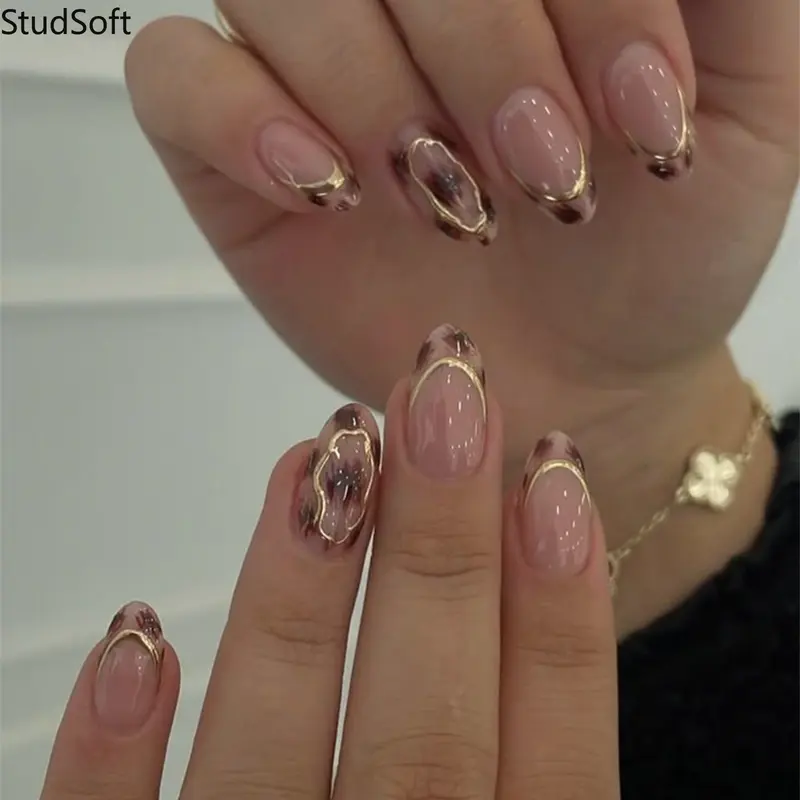 24pc Tortoiseshell Press on Nails Medium Almond Fake Nail Patches Glossy Gold Metallic French Tip Artificial Nails Reusable Winter Manicure,sohochic