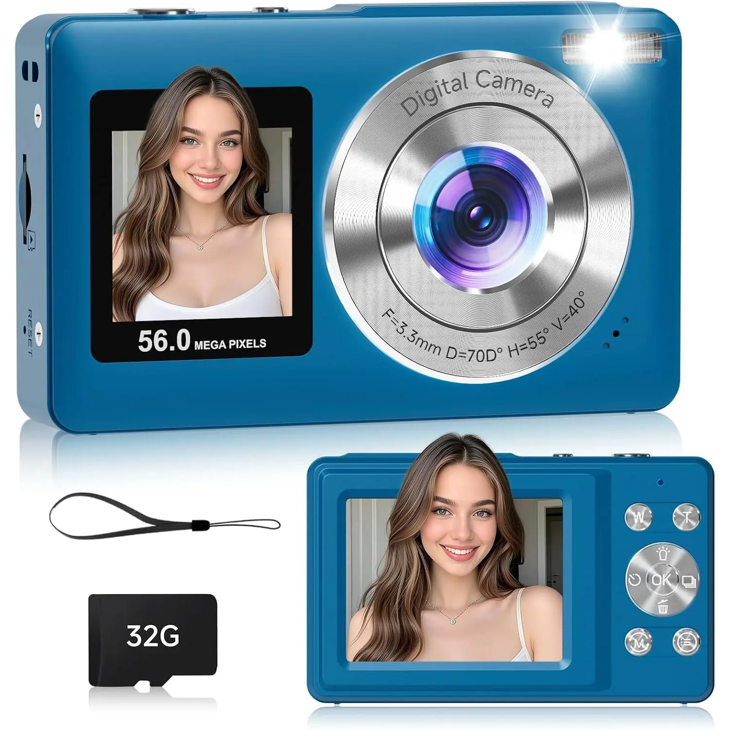 Digital Camera, 56MP  Screen Autofocus Vlogging Camera, 16X Zoom Point and Shoot Camera for Photography, Anti-Shake, 32GB Card, Compact Camera for Teens Adults,Blue