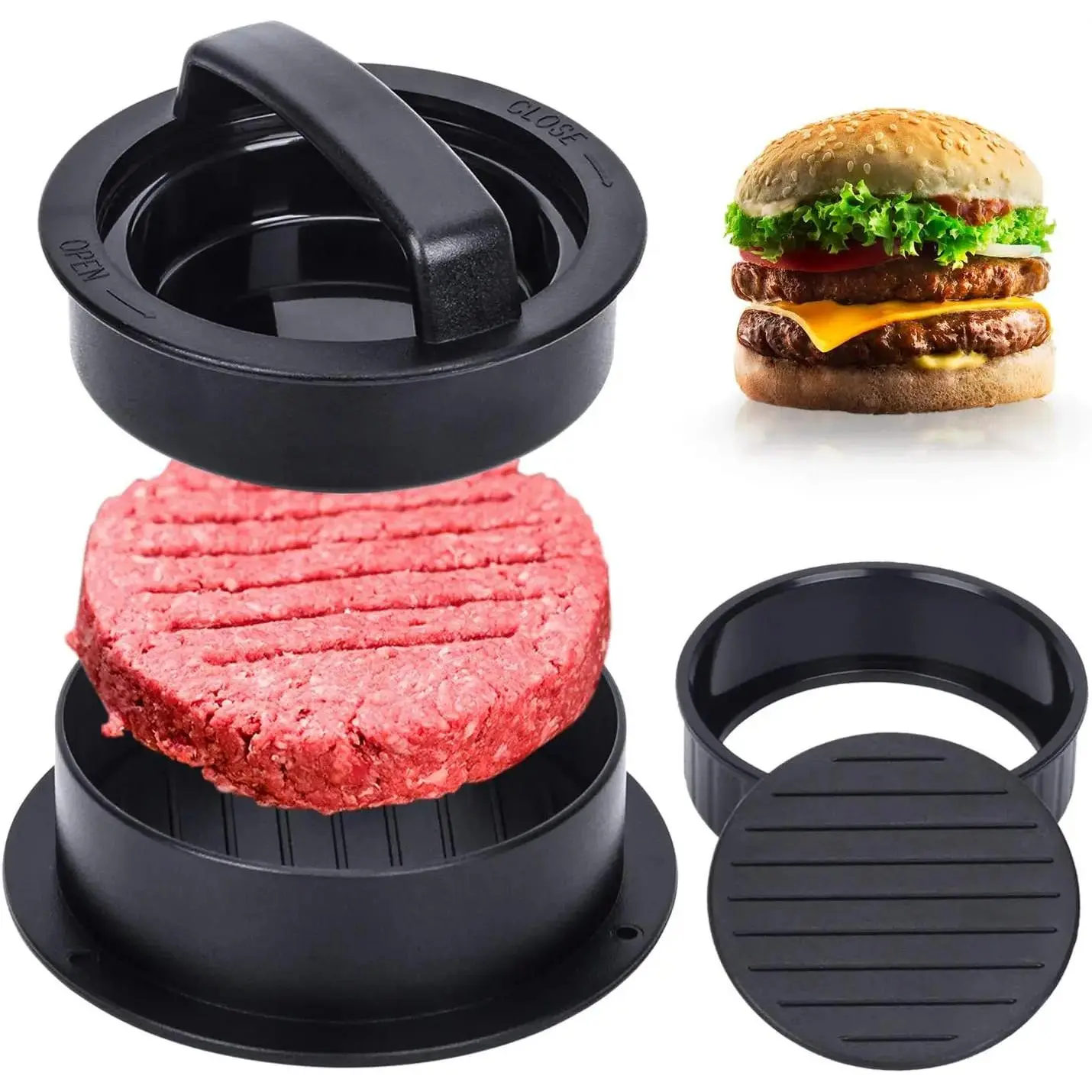 Burger Press, Hamburger Press Patty Maker With 100 count Hamburger Patty Paper, 3 in 1 Non Stick Patty Mold for Stuffed Burgers, Sliders, Veggie Beef Burger, Kitchen Barbecue Tool Grilling Accessories