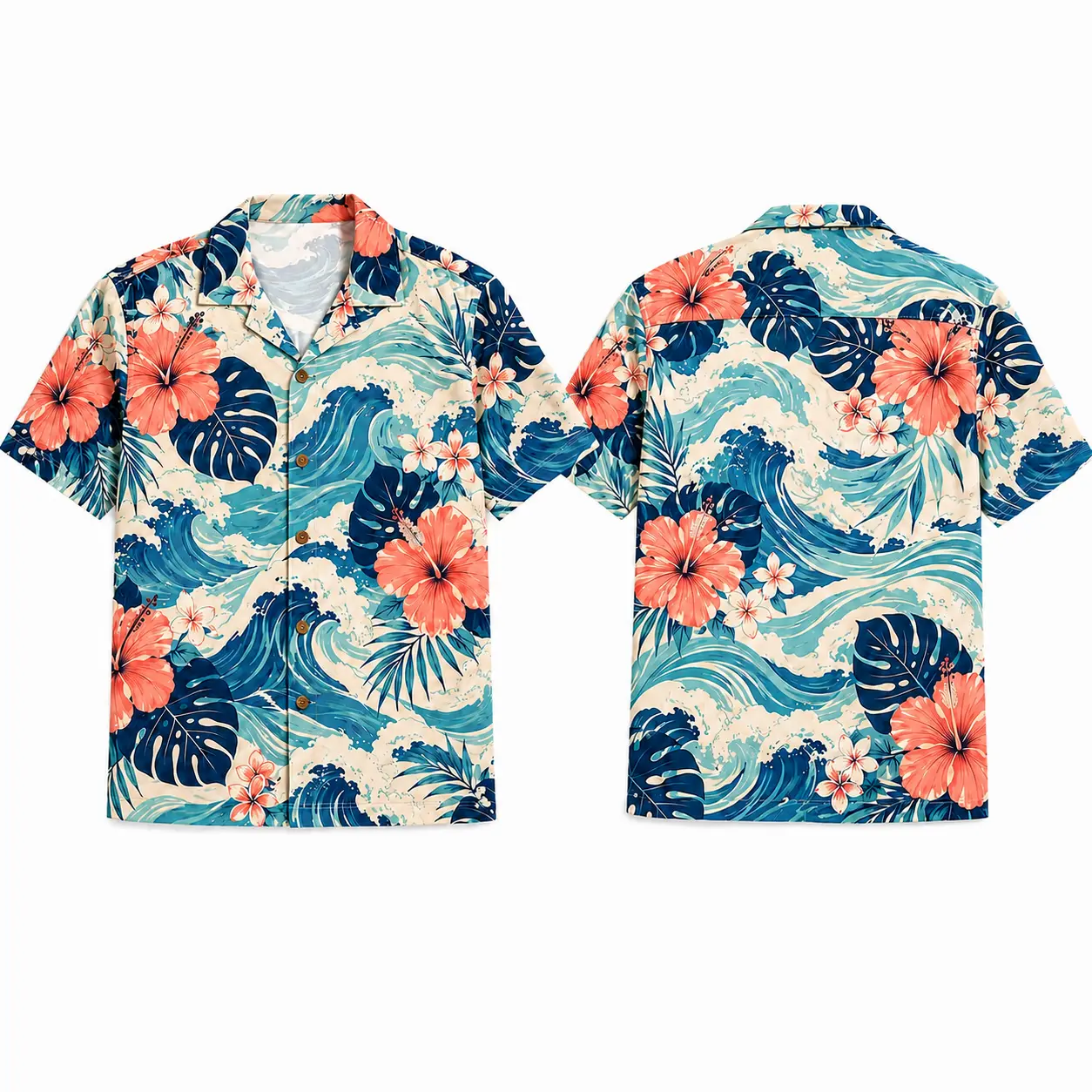 Tropical Hibiscus Wave Print, Unisex Hawaiian Shirt,Lightweight Breathable Polyester Button Up Top for Men & Women, Beach Vacation Outfit, Summer Party Wear, Cruise, Resort & Daily Casual Style,Size S-5XL, clothes, outfits, men's wear,men fashion