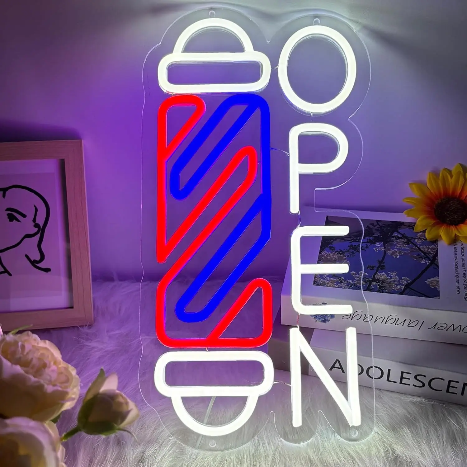 Neon Barber Open Sign, Business LED Open Sign, USB Powered, Adjustable Brightness, Wall Mounted, Suitable for Salons, Shops, Bars, Hotels