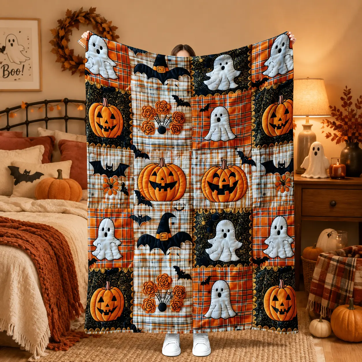 Halloween Flannel Blanket with Pumpkin Ghost Bat Pattern, Cozy Soft Throw Blanket for Couch Bed Home Decor, Cute Fall Festival Blanket Gift for Halloween Lovers