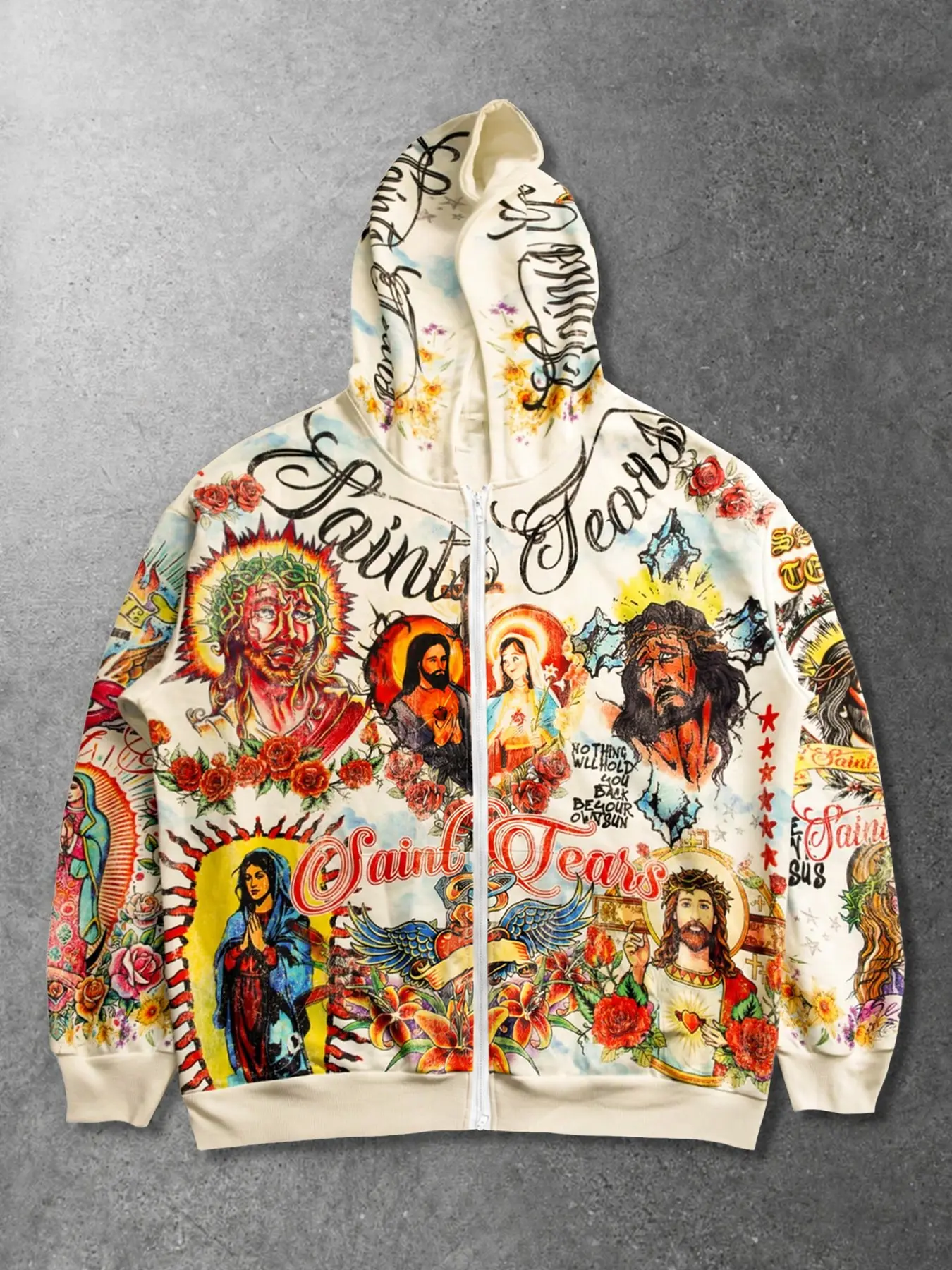 Retro American Streetwear Religious Graphic Full Print Zip Hoodie Oversized Unisex Sweatshirt Jacket Thermal Autumn Winter Casual Daily Wear