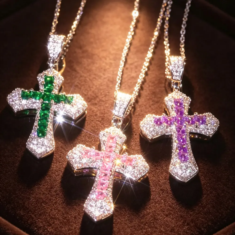 Sparkling MultiColor Cross  Stainless Steel Necklace Waterproof Rainbow Pendant Necklace For Women MenLuxury Bling Zircon Cross Chain Trendy Hip Hop Jewelry Gift Fade Dainty Religious Jewelry For Her Him Anti Tarnish Fashion Jewelry Valentines Day Gift