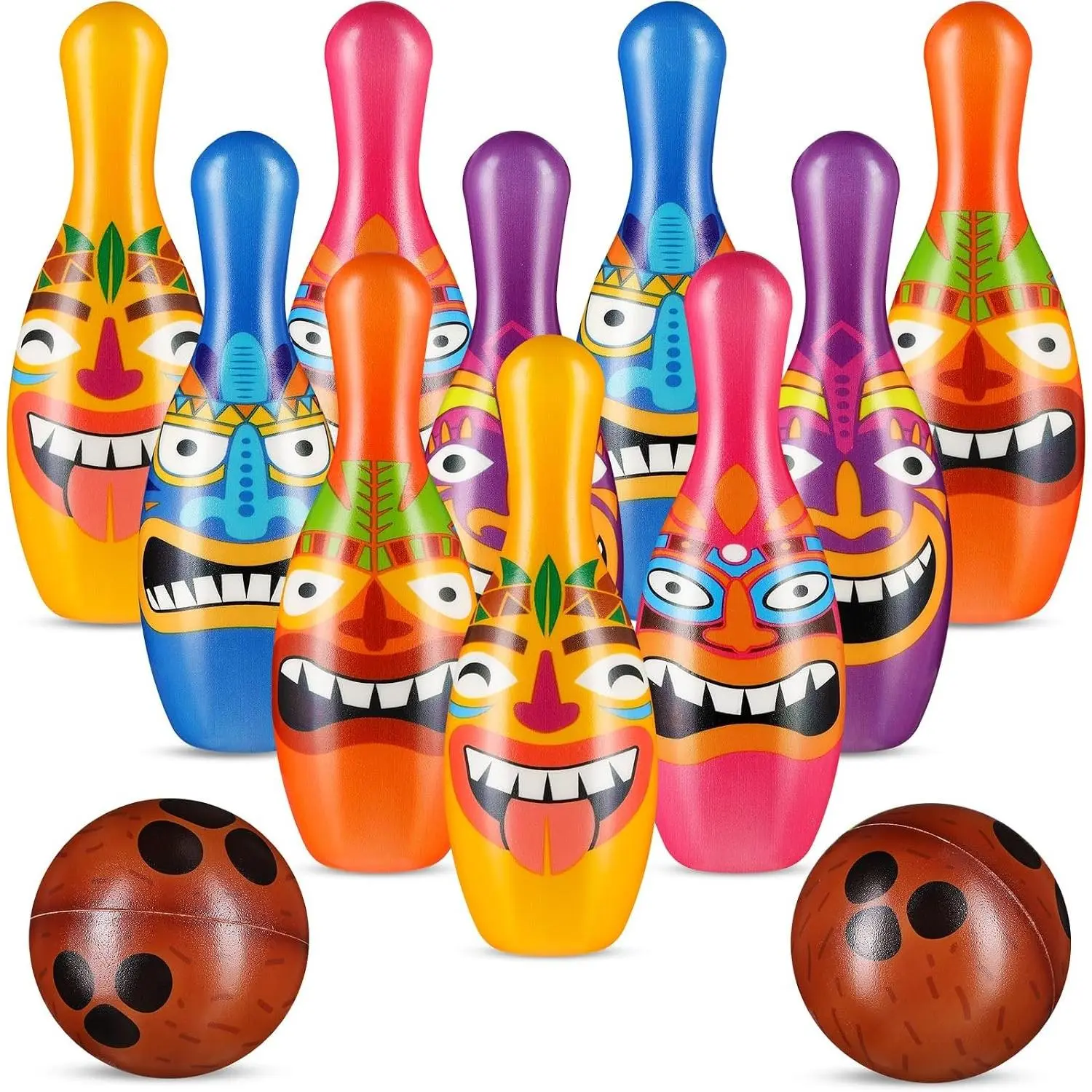 12 Pcs Bowling Set, 10 Soft Pins and 2 Cocout Balls for Kids Toddlers Tropical Hawaiian Luau Summer Birthday Party Games Indoor Outdoor Activities