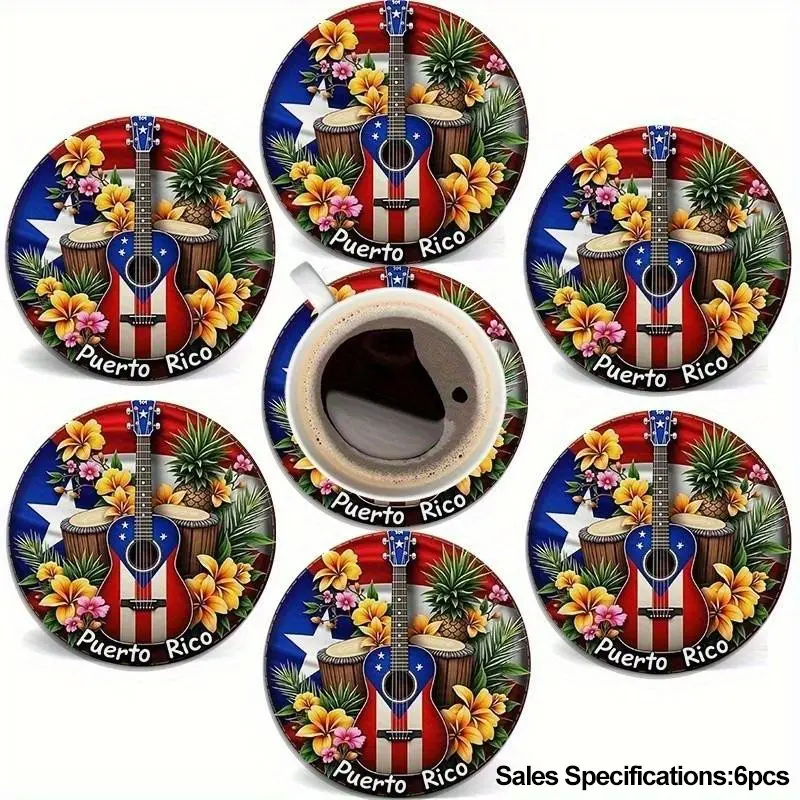 6 pieces of Puerto Rican cultural wooden coasters, Decorative coaster -4-inch round with national flag, star, guitar, and tropical floral design, home decor tabletop protection mat, holiday party supplies, July 4th gift, accessories