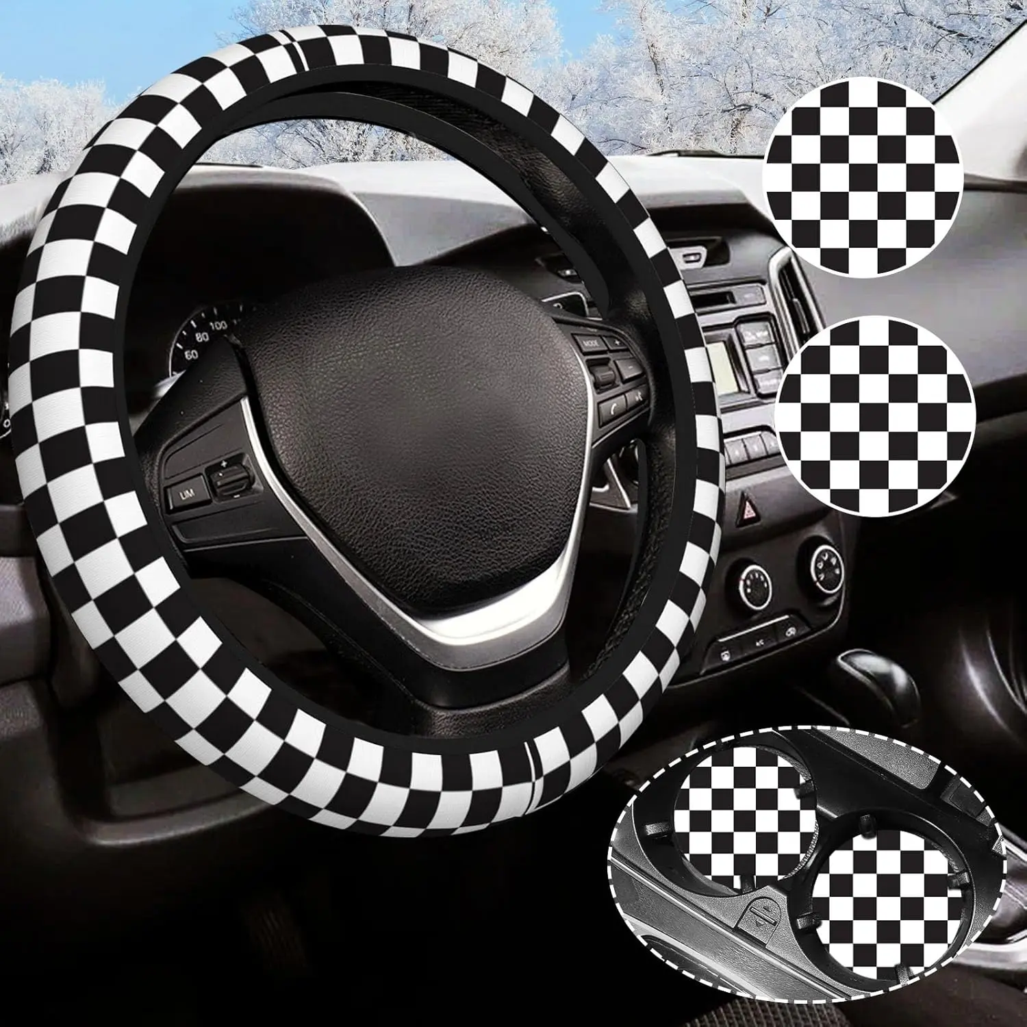 Black and White Checkered Steering Wheel Cover Rubber Anti-Slip 14.5-15 Inch Universal Steering Wheel Cover with 2 Pieces Car Coasters Suitable for Men Women