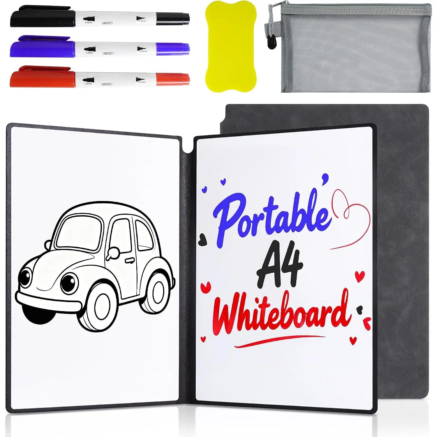 Portable White Board Dry Erase Notebook 12" x 9" (A4), Double Sided Folding  Whiteboard with 3 Markers & 1 Pen Bag, Anti-Ghosting & Anti-Smudg Surface Notebook for Study, Meeting (Black)