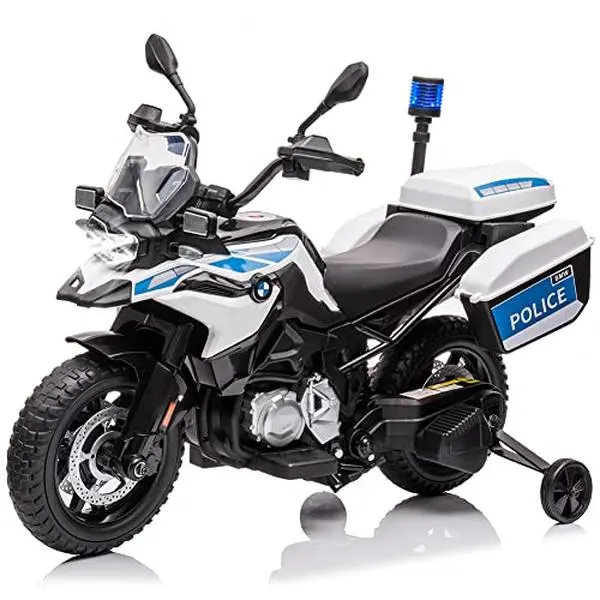GARVEE 12V BMW Police Motorcycle for Children with 2 Speeds, LED Headlights, Spring Suspension, MP3 Music, and Training Wheels in White - Suitable for Boys and Girls