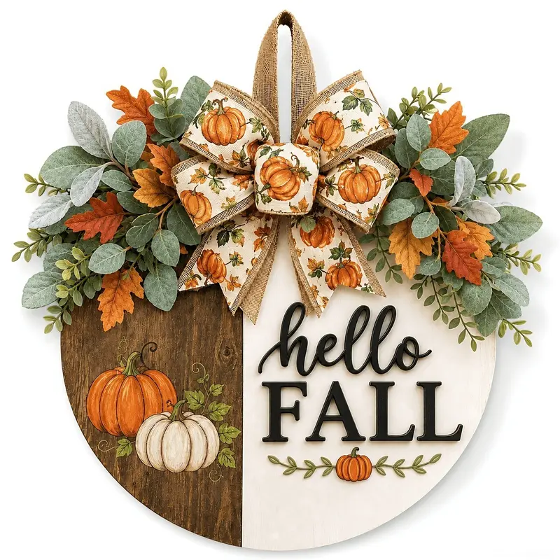 Welcome Pumpkin Wooden Sign, Decorative Signs and Plaques, Autumn Outdoor Front Wreath with Bow, Autumn Harvest Farmhouse Hanging Decor, Suitable for Indoor or Outdoor Porch, Wall and Home Decor, Wall Art Sign