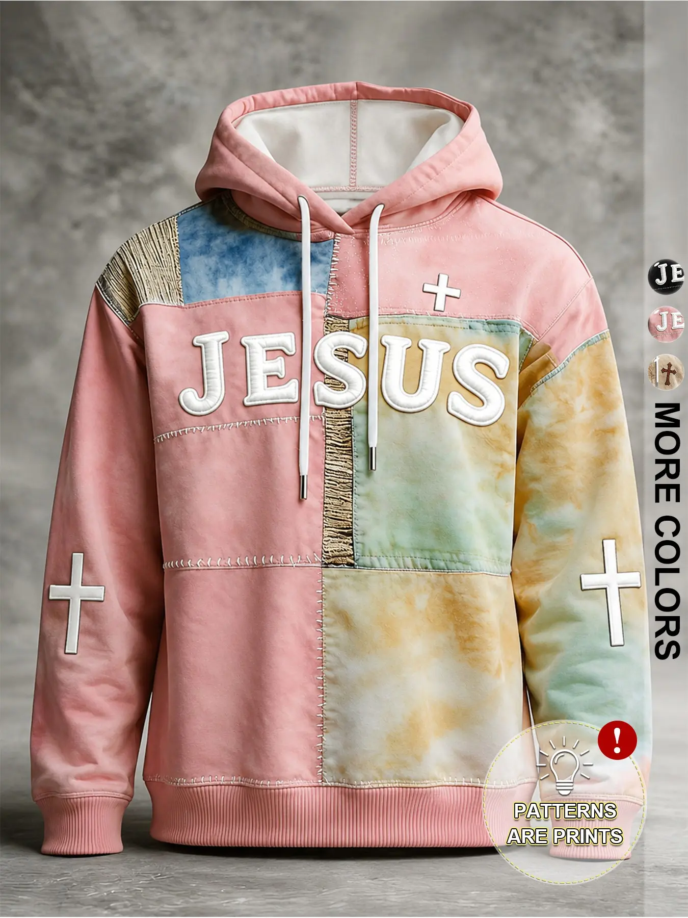 2026 Hot Selling Unisex JESUS Cross Patchwork Graphic Hoodie, Tie Dye Color Block Stitched Print Hooded Sweatshirt, Vintage Loose Long Sleeve Streetwear Pullover, Y2K Gothic Casual Top For Hip Hop Daily Outdoor Dating Spring Autumn Fashion Outfits