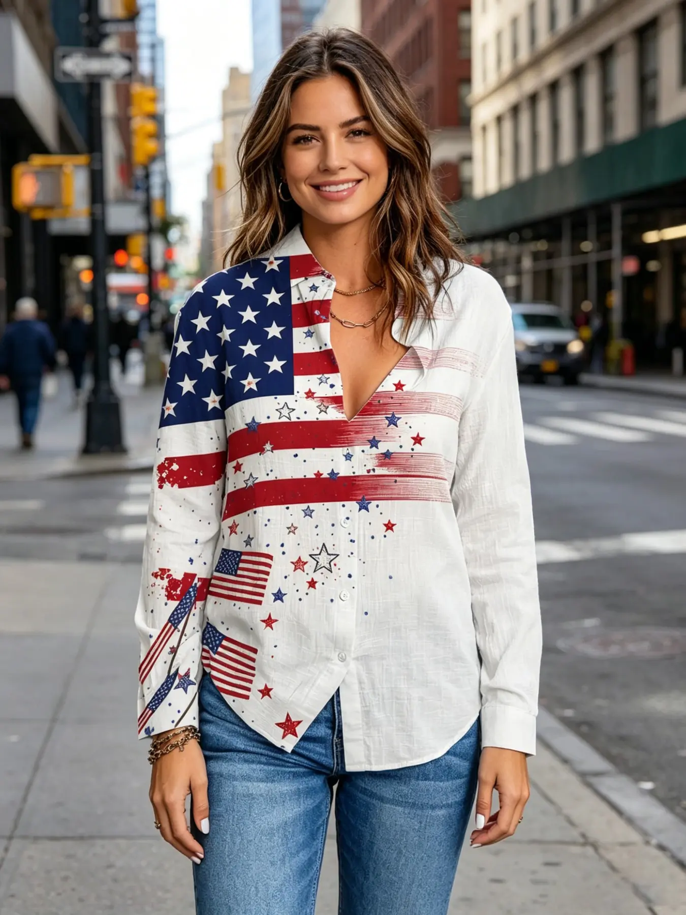 2026 New Women's Graffiti Half-Print American Flag Star Collar Shirt, Casual Sleeveless Blouse, Loose-Fitting H-Type, Street Festival