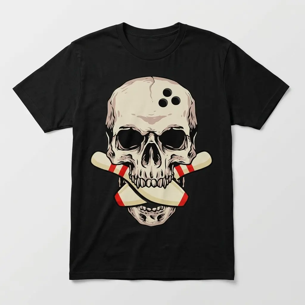 Women's Shortsleeve Graphic T-Shirt with Edgy Skull Bowling Pins, Sporty Chic Stretch Cotton Knitted Fabric for Casual Wear, Sports-Themed Sports T-Shirt