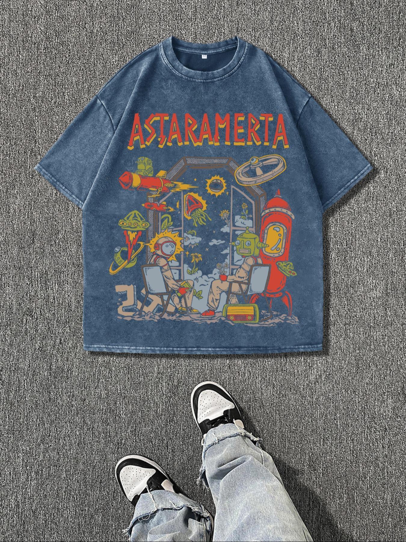 Men's Cartoon Astronaut & Letter Print Short Sleeve T-Shirt, Regular Fit Casual Retro Round Neck Tee for Summer, Men's Top for Daily Wear, Cotton