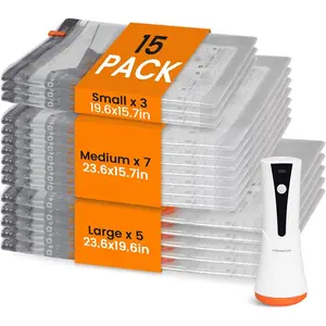 Vacuum Seal Bags for Clothing Travel with Rechargeable Cordless Pump 15 Pack Compression Space Saver Bags for Packing Luggage and Seasonal Storage