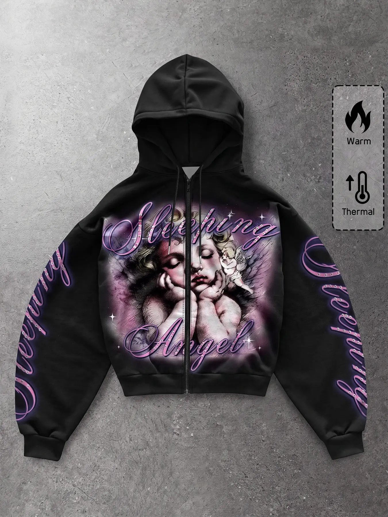 Y2K Gothic Street Style Men's Warm Full-Zip Hoodie, Vintage Sleeping Angel Pattern, Rhinestone Neon Font, Loose Fit Jacket for Winter, Zipper Hoodie