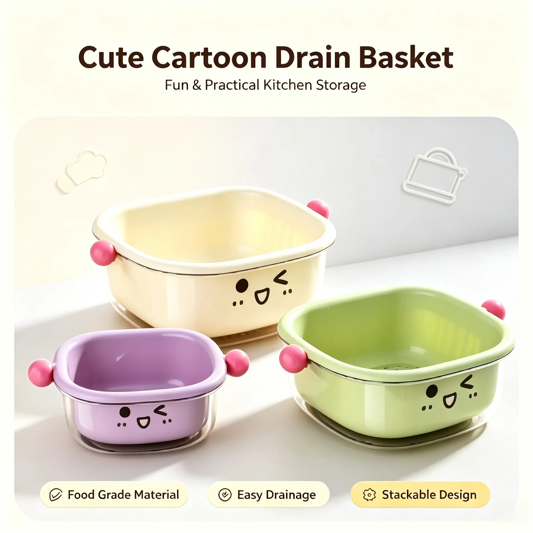 3‑Piece Cute Cartoon Face Drain Basket Set, Multi‑Purpose Plastic Colander with Bead Handles, Household Kitchen Strainer for Rinsing Fruits, Vegetables and Small Grocery Ingredients, Strainers And Colanders